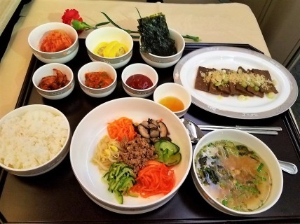 Bibimbap, kalbi, ponchon (a variety of side dishes) and miso soup
